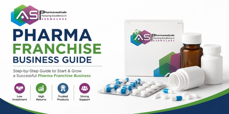 Pharma Franchise Business Guide featured image showing pharmaceutical medicine bottles, capsules, tablets, and healthcare products with a clean professional business theme