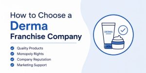 How to Choose a Derma Franchise Company banner featuring skincare product illustrations and key factors such as quality products, monopoly rights, company reputation, and marketing support