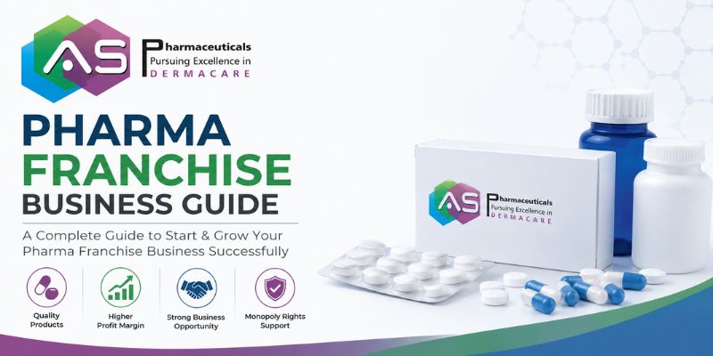 Pharma Franchise Business Guide banner featuring pharmaceutical medicine bottles, tablets, capsules, and business growth elements on a clean blue and white background