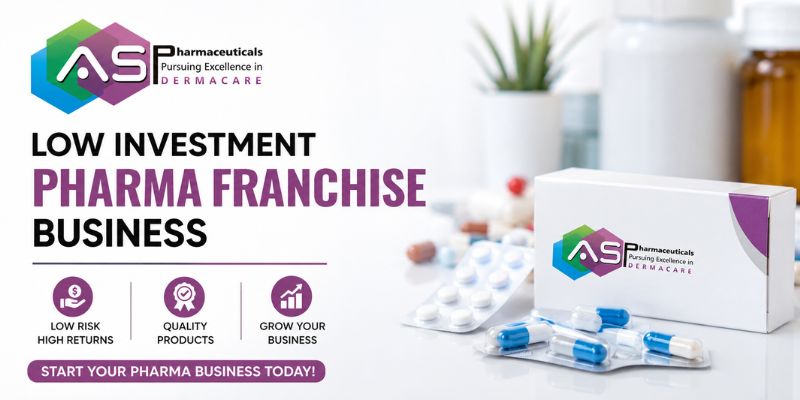 Low Investment Pharma Franchise Business banner featuring AS Pharmaceuticals Dermacare logo with pharmaceutical products and business growth concept