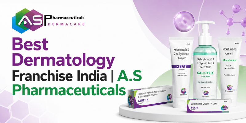 Best Dermatology Franchise India by A.S Pharmaceuticals featuring dermatology skincare products and company branding.
